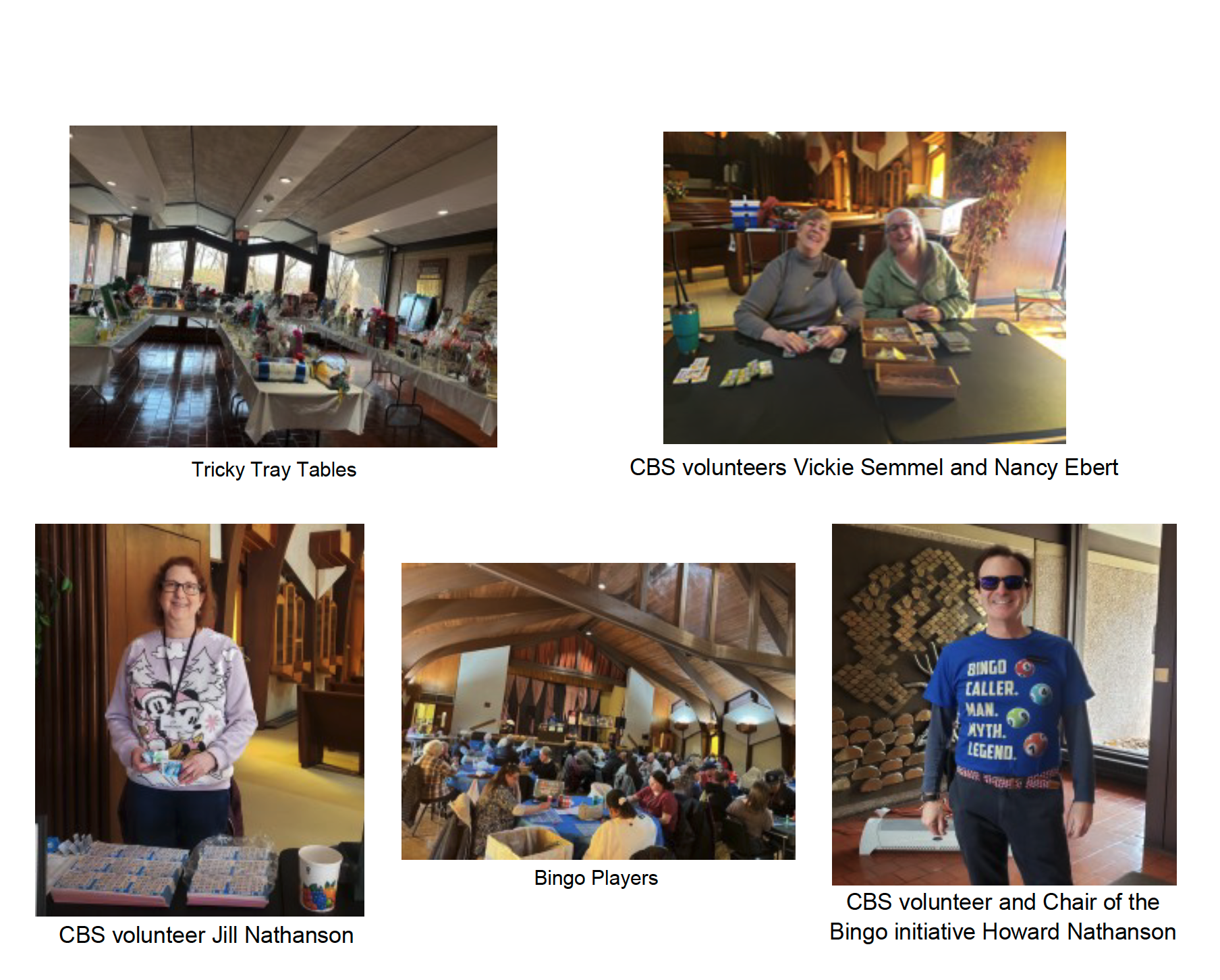 Photo of December CBS Bingo and Tricky Tray baskets and volunteers